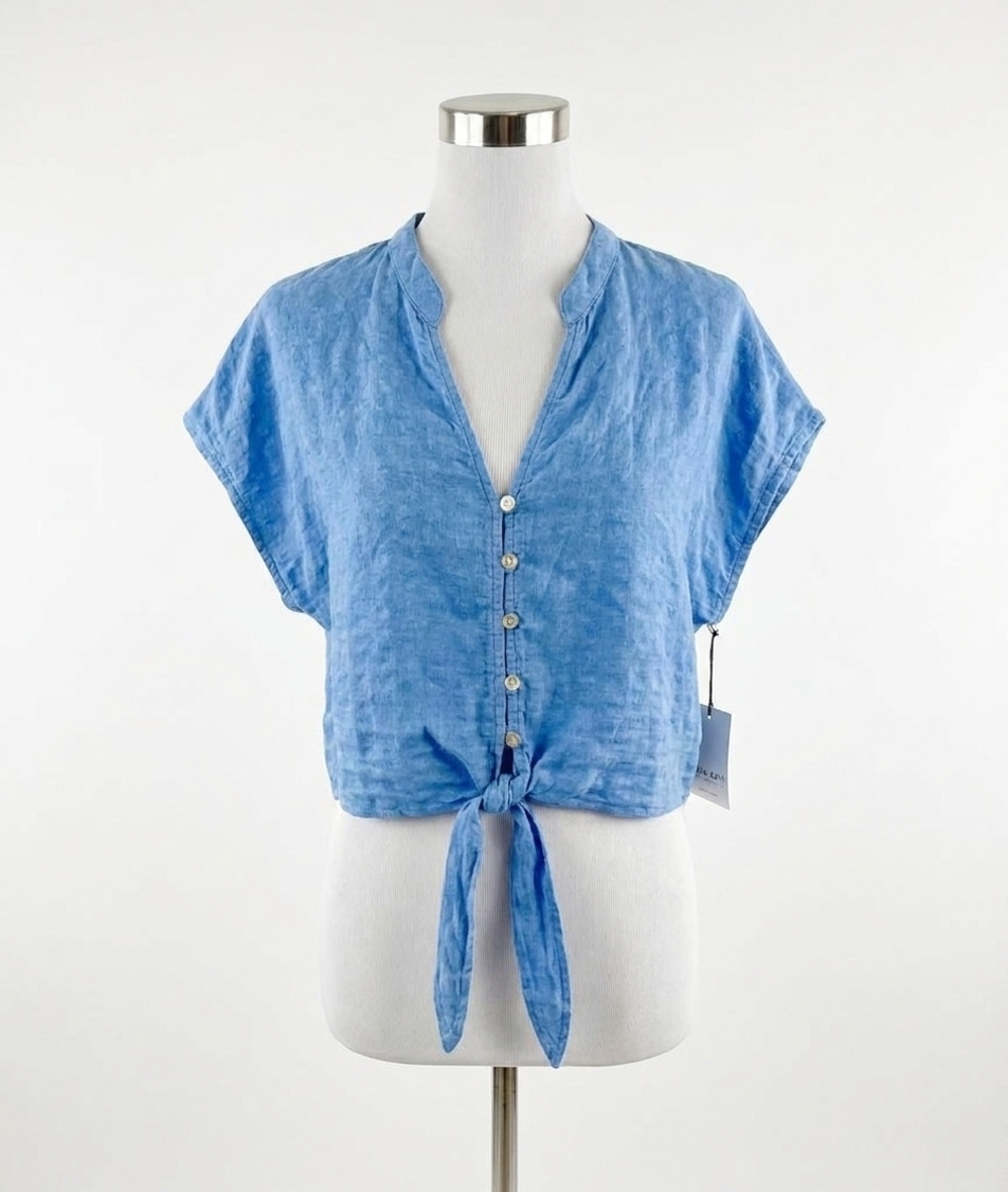 NEW BELLA DAHL women's short sleeve tie front top in riviera blue